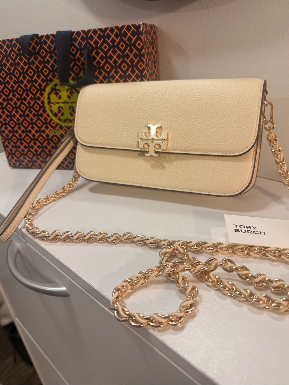Tory Burch Ivory Leather Chain Crossbody with Gold Hardware